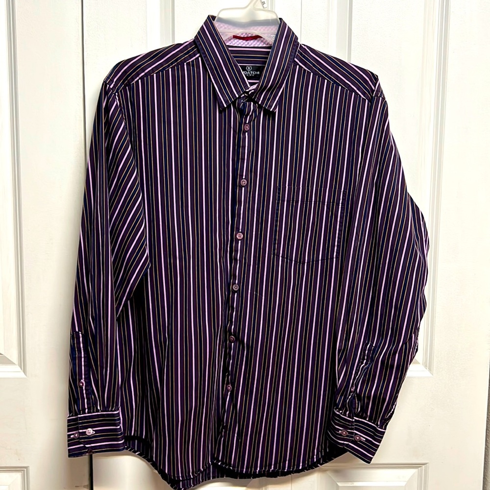 Bugatchi UOMO Black Purple Strip Long Sleeve Cotton Mens Dress Shirt Size XL
